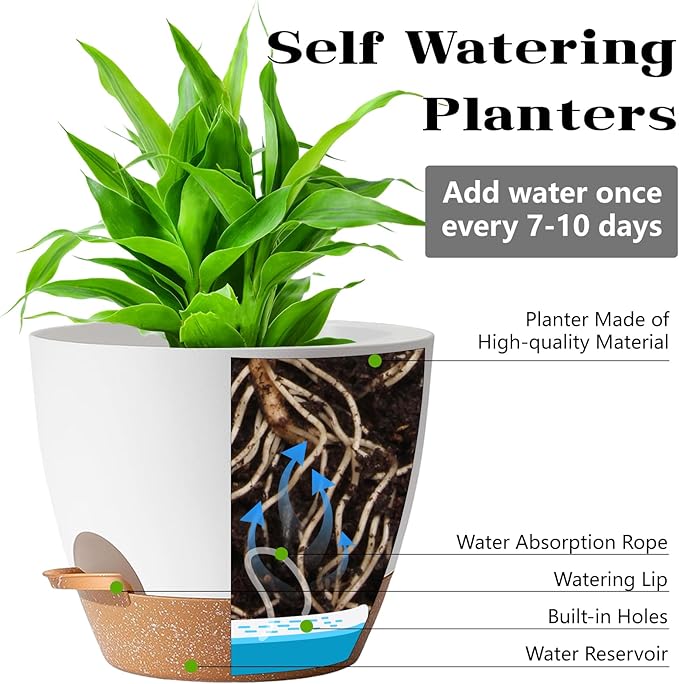 5Pack Self Watering Plant Pots for Lazy People, 7/6.5/6/5.5/5 Inch,White Plastic Self Watering Planter for All Houseplants,Succulent, African Violets,Snake Plants, Flowers and Cactus