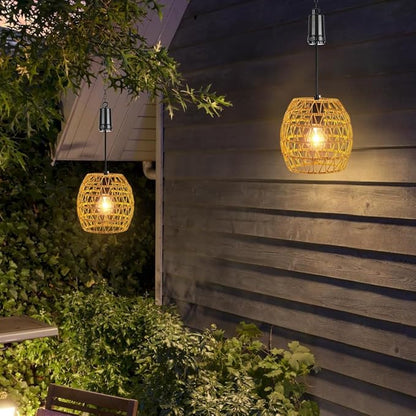 Battery Operated Outdoor Hanging Light with 6 Hours Timer, Outdoor Indoor Pendant Chandelier Rattan Lantern Waterproof Lamp Edison Bulb Lights for Gazebo Porch Garden Patio Home Decoration
