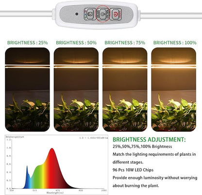 Two Heads Strip Growing Lamp, Full Spectrum Grow Light Strips for Indoor Plants with Auto ON/Off Timer & 4 Dimmable Levels, Led Grow Light for Green House Hydroponics Succulent