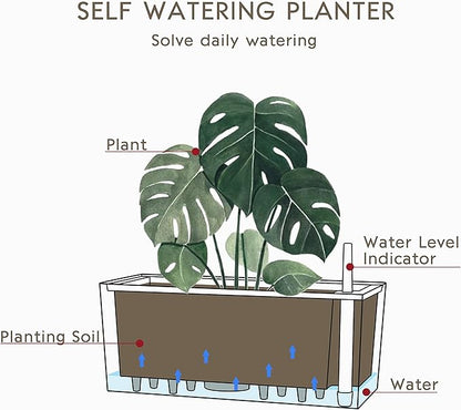 SAROSORA 14" Rectangle Self Watering Planter with Water Level Indicators for Plants & Flower Home Garden Outdoor Indoor Succulent | Herb pots | Window Box (1, White)