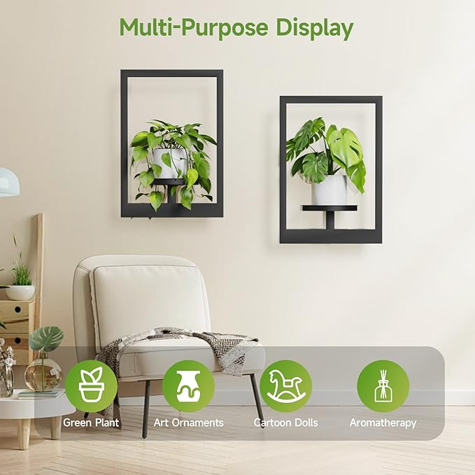 Picture Frame Wall Plant Holder, Metal Window Plant Shelves Plant Holder for Indoor Plants, Hanging Wall Planters Wall-Mounted Plant for Home, Office, and Garden (Black, 3PCS)