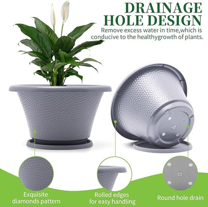 Quarut 12 Inch Large Planter Pot for Plants Indoor Outdoor, 4 Pack Plastic Flower Pots with Drainage Hole & Tray, Modern Decorative Garden Pot with Saucer, Plant Container for House Grey