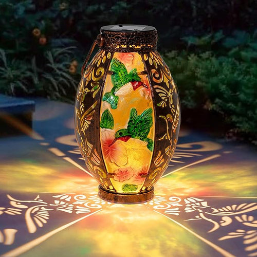 Hanging Solar Lantern Outdoor Waterproof Glass Solar Hummingbird Flickering Flame LED Garden Lights Metal Hollowed-Out Table Lamps Garden Decorations for Yard Patio Pathway Tabletop Tree Holiday