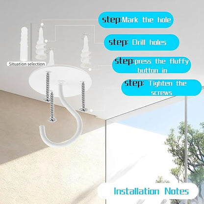 Ceiling Hooks for Hanging Plants - Metal Heavy Duty Wall Mounted Hangers for Hanging Bird Feeders, Planters, Wind Chimes, Include Professional Drywall Anchors (3-Pack (White)