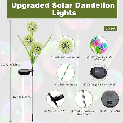 4 Pack Solar Garden Lights, Solar Flowers Lights with 4 Blooming Dandelion Flowers, Waterproof Solar Lights Outdoor for Yard Porch Patio Backyard Pathway Gardening Gifts, 2 Lighting Modes