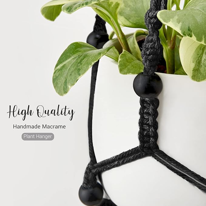 Mkono Macrame Plant Hanger Indoor Hanging Planter Basket with Wood Beads Decorative Flower Pot Holder No Tassels for Indoor Outdoor Boho Home Decor 35 Inch, Black, Set of 2 (POTS NOT Included)