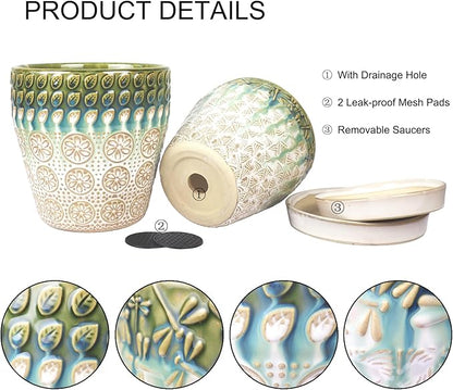 6 Inch + 5 Inch Ceramic Planter with Drainage Hole and Saucer for Plants, Indoor-Outdoor Round Succulent Orchid Garden Flower Pot - Set of 2