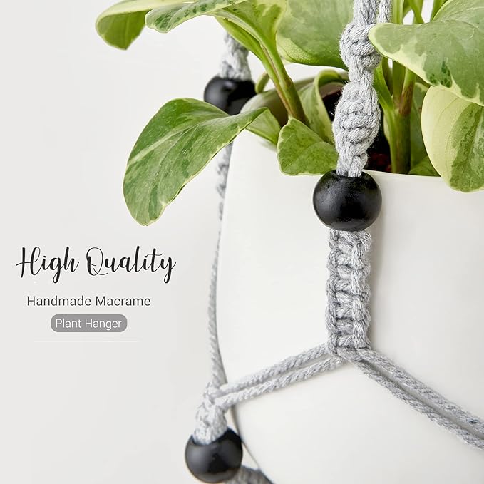 Mkono Macrame Plant Hanger Indoor Hanging Planter Basket with Wood Beads Decorative Flower Pot Holder No Tassels for Indoor Outdoor Boho Home Decor 35 Inch, Grey, Set of 2 (POTS NOT Included)