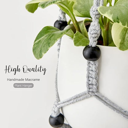 Mkono Macrame Plant Hanger Indoor Hanging Planter Basket with Wood Beads Decorative Flower Pot Holder No Tassels for Indoor Outdoor Boho Home Decor 35 Inch, Grey, Set of 2 (POTS NOT Included)