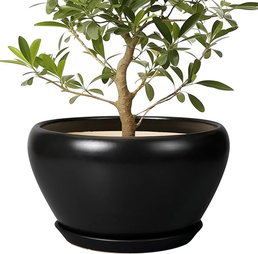 Ceramic Pot for Plants Large - 13 Inch Plant Pot Indoor with Drainage Hole and Saucer Round Planter Decorative Planter Outdoor Flower Pot for House Decor Balcony Black