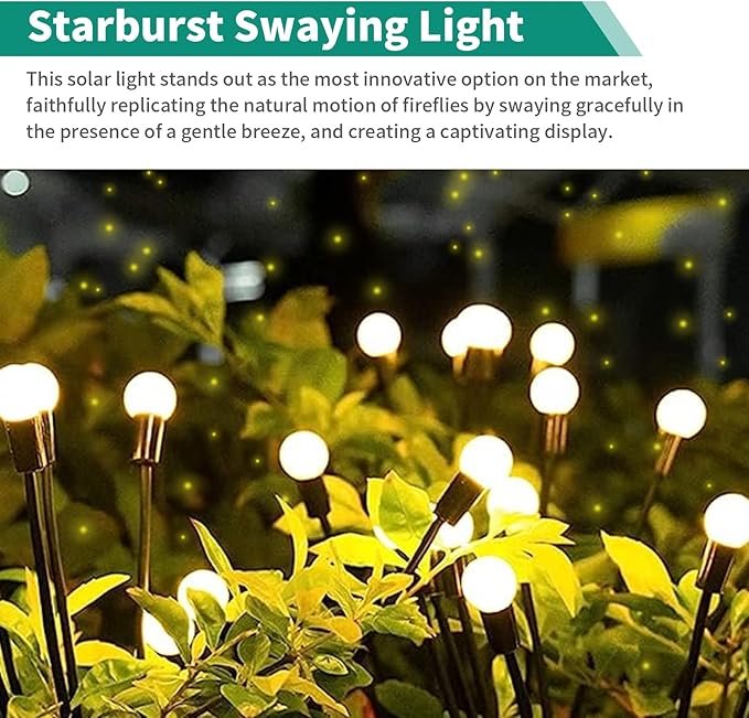 Solar Garden Lights, 4 Pack 32 LED Outdoor Firefly Lights, Waterproof Solar Pathway Lights, Swaying Decorative Solar Lights for Yard, Patio, Pathway, and Garden, Warm White Glow
