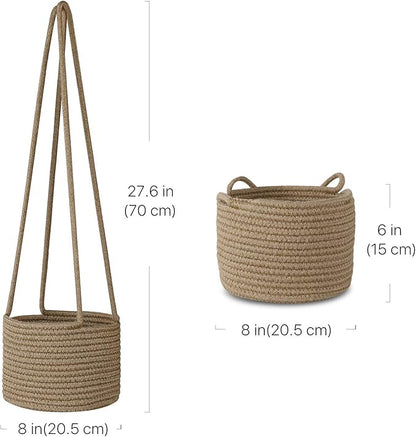 Flexzion Hanging Plant Basket (2 Pack) Cotton Rope Basket Indoor Planter Hanger (up to 7 Inch Flower Pot) Macrame Woven Organizer Bin Home Decor Storage Organizer 20" Hanging Rope, Brown