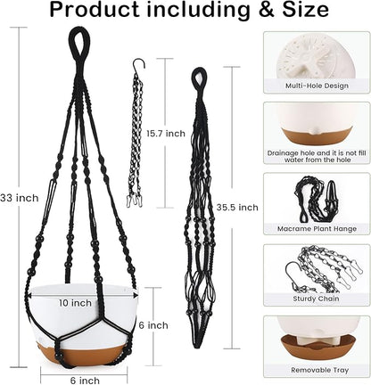 10 Inch Hanging Planter, 2 Pack Hanging Plant Self Watering Pot with Drainage Holes & Saucers, Hanging Baskets Flower Pots with Black Macrame Rope Hangers for Garden Home -White