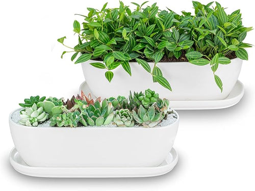 Ceramic Plant Pots, 11+14 inch, Set of 2, Planters with Drainage Holes Saucers and Mesh Pads, Indoor Flower Succulent Pot with Hole Mesh Pad, Gifts for Mom, Plants Not Included