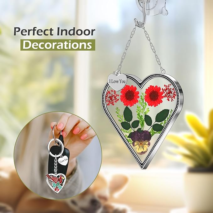 KY&BOSAM Heart Suncatcher Gift for Mom I Love You Heart Wind Chime for Windows Pressed Flower Between Heart in Glass and Metal Engraved Charm Birthday Gift for Women Mother's Day Valentine's Christmas