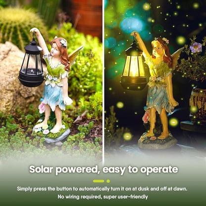 Fairy Garden Statue Solar Garden Fairy with Lantern Light Outdoor Garden Decoration Waterproof Solar Garden Sculpture for Patio Yard Lawn Gift for Mom Grandma