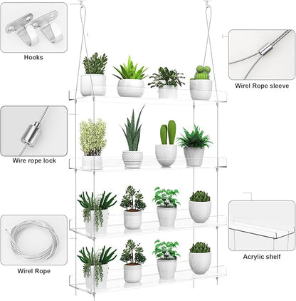 4-Tier Hanging Clear Plant Shelves for Windows, Acrylic Window Wall Plant Stand Shelf for Kitchen Indoor Gardens, Flower, Succulents, Herb, Seedling Organization, and Pots Display, 16 Inch per Tier