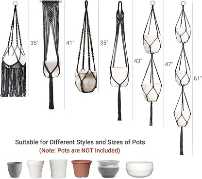Mkono Macrame Plant Hangers, 6 Pack Indoor Hanging Planters for Plants with 6 Hooks Decorative Hanging Basket Flower Pots Holder Stand in Different Sizes for Modern Home Decor, Black