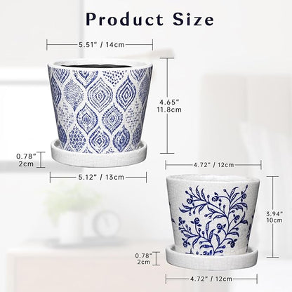 Blue and White Ceramic Pots for Plants, Decorative Plant Pots Round Ceramic Planters for Indoor Plants Pots with Drainage Hole Saucers, Retro Planter Pot for Succulents Cactus Flowers Outdoor 4.8/5.5"