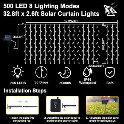 Solar Powered Curtain Lights 33ftx 3ft 500 LED Outdoor Curtain Lights Waterproof with Remote Timer for Garden Patio Fence Wedding Wall Gazebo Decor - Warm White