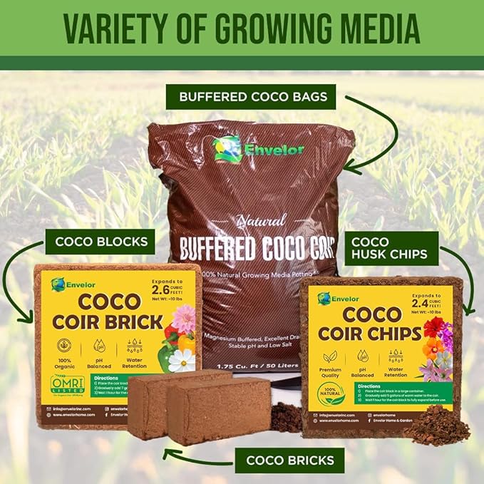 Coco Coir Chips Envelor 2.4 Cubic Feet Compressed Coconut Coir Bricks 10 lb. Natural Substrate for Indoor Outdoor Coco Chips for Plants Orchid Bark Coco Coir Brick Plant Soil Indoor Potting Mix