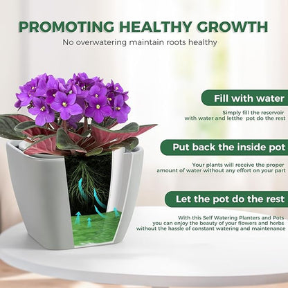 6 Inch Self Watering Pots for Indoor Plants,African Violet Pots, Easy Plant Self Watering Planter, Ceramic Plant Pot with Absorbent Inner Pot for Flowers,Indoor Flower Pots-Grey