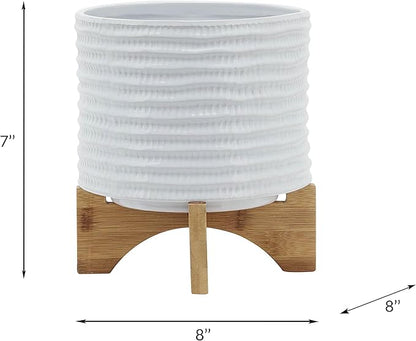 8" Ceramic Planter Stand, White with Wooden Base, Indoor/Outdoor Planter with Stand for Your Succulents and Small Plants, White Planter
