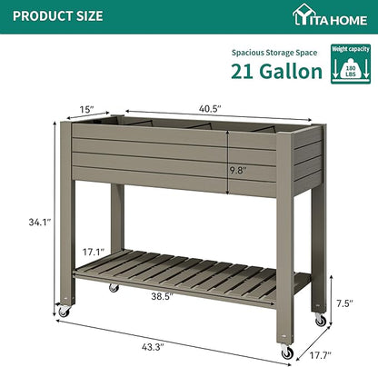 YITAHOME 3.6x1.5x2.8 FT Elevated Garden Bed Kit with Legs and Wheels, Outdoor Large Resin Planter Box Stand with Drain Plug and Storage Shelf for Plants Vegetables Fruits, Light Brown