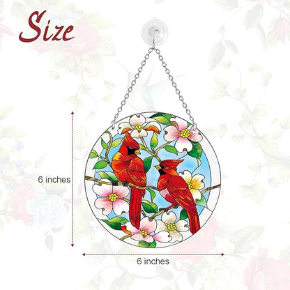 Cardinal Suncatcher Stained Glass, Cardinal Gifts for Women, Stained Glass Window Hanging - Red Birds Suncatchers for Windows, American Glass Hanging, Hand Painted Glass for Birds Lover (6inch)