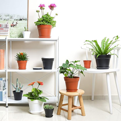 T4U 5 Inch Plastic Planters 18-Pack - Small Plant Pot with Drainage Hole and Saucer, Decorative Nursery Pot Bulk for African Violet, Snake Plant, Aloe and All House Plants Indoor (Black)