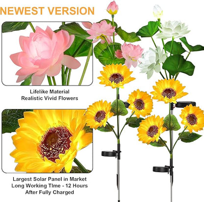 Solar Flower Lights - 4 Pack Outdoor Waterproof Sun Powered Lotus Sunflowers Landscape Decorative Glowing Lights for Yard, Lawn, Patio, Pathway