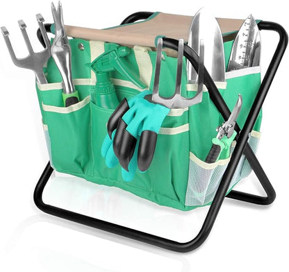 9 PCS All-in-one Garden Tools Set, Heavy Duty Cast-Aluminium Alloy Gardening Tools Kit with Folding Stool Seat&Detachable Canvas Tool Bag , Non-Slip Rubber Grip, Outdoor Hand Tools