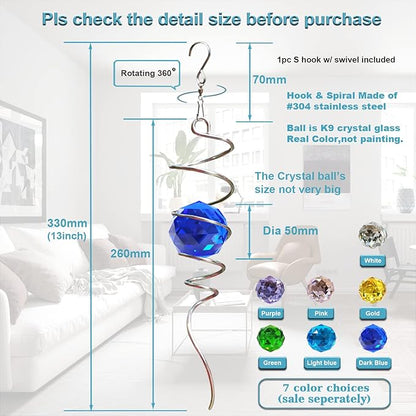 FONMY Gazing Ball Spiral Tail -Decorative Wind Spinner Sun Catcher Rainbow Maker 11 inch Tail and 2 inch Dark Blue Crystal Orb. Indoor Outdoor Garden Decoration -13 inch Height