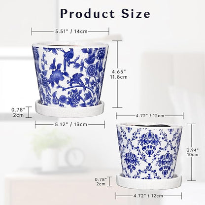 Blue and White Ceramic Pots for Plants, 4.8" + 5.5" Decorative Plant Pots Round Ceramic Planters for Indoor Plants Pots with Drainage Hole Saucers, Retro Planter Pot for Succulents Cactus Flower Pots