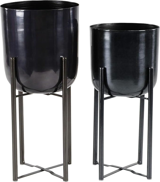 CosmoLiving by Cosmopolitan Metal Indoor Outdoor Planter Dome Large Planter Pot with Removable Stand, Set of 2 Planters 19", 22"H, Black