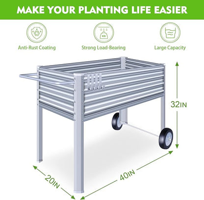 Galvanized Raised Garden Bed with Legs, Metal Raised Planter Box with Drainage Holes Outdoor Elevated Garden Bed on Wheels for Backyard, Patio, Balcony