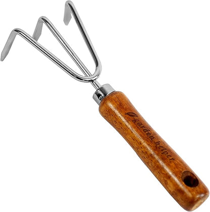 Hand Cultivator Garden Tool Heavy Duty Japanese Steel with Wood Handle, Manual Small Hand Rake Soil Tiller for Weeding, Digging, Cultivating, 3 Claws, Made in Japan, Silver