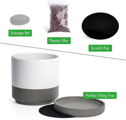 D'vine Dev Set of 4 Small Ceramic Plant Pots, 4.6 Inch Succulent Planter Pot for Plants with Drainage Hole and Saucer, White/Speckled Grey, 94-X-B-6