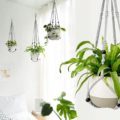 Mkono Macrame Plant Hanger Indoor Hanging Planter Basket with Wood Beads Decorative Flower Pot Holder No Tassels for Indoor Outdoor Boho Home Decor 35 Inch, Grey, Set of 2 (POTS NOT Included)