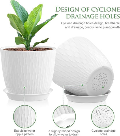 7 inch Plant Pots, 5 Pack Flower Pots with Drainage Holes and Saucers for Indoor Plants, Plastic Planters with Water Ripple for Small Garden House Plants, Nursery Pots for Succulent, White