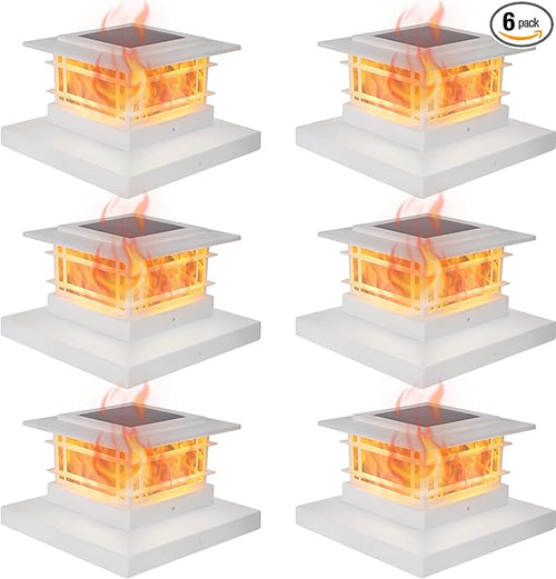 Dynaming 6 Pack Solar Flame Post Lights Outdoor, Solar Powered Fence Post White Shell Cap Light, High Brightness Flickering Flame LED LiVinyl/Wooden Postseck Patio, Fit 4x4 5x5 6x6 Vinyl/Wooden Posts