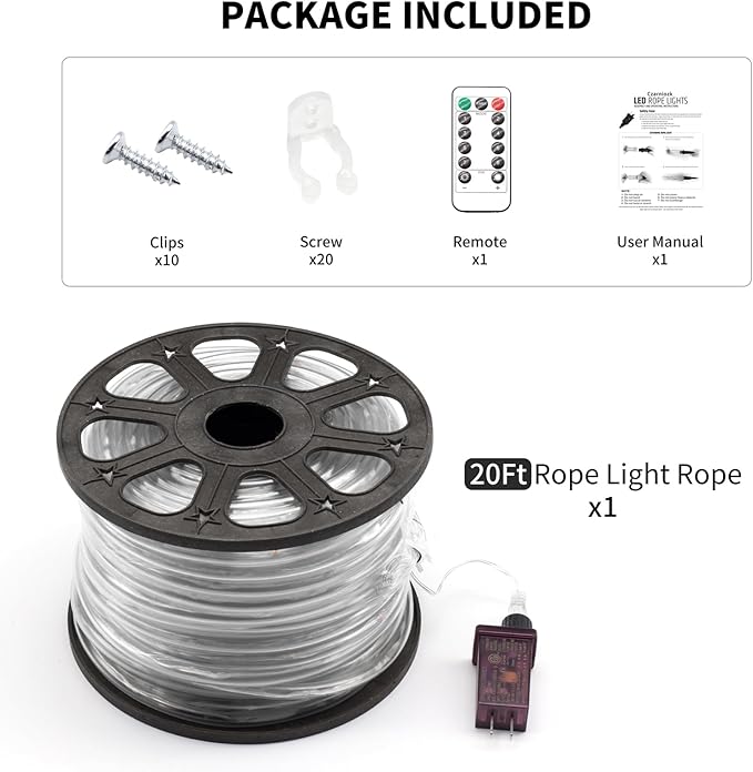 LED Rope Lights for Outside 20Ft Waterproof Led Rope Lighting 86 LEDs 110V 8 Modes Remote Control Timer Led Strip Light for Indoor Outdoor Party Holiday Garden Decoration (White)
