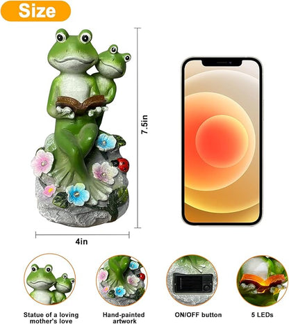 Frog Garden Statue,Frog Garden Decor,Solar Frog Statue Sitting on a Stone Reading a Book with 5 LEDs for Lawn Patio Yard Porch Decoration, Outdoor Garden Decor, yijiayi-008