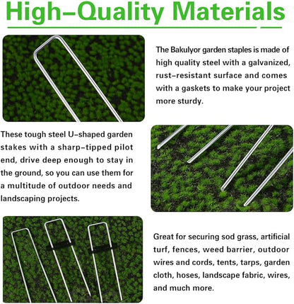 Bakulyor 50 Pcs Landscape Staples + 50 Pcs Gasket, 6 Inch Garden Stakes Staples 11 Gauge U Shaped Galvanized Lawn Landscape Pins, Heavy Duty Yard Ground Pin for Weed Barrier Sod Fabric Decorations