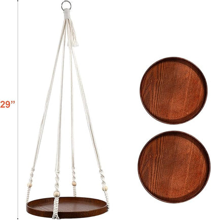 Macrame Plant Hanger - 2 Set Indoor Hanging Planter Shelf - Hanging Planter Rack Decorative Flower Pot Holder - Handmade Cotton Plant Hangers with Wood Tray Boho Home Decor