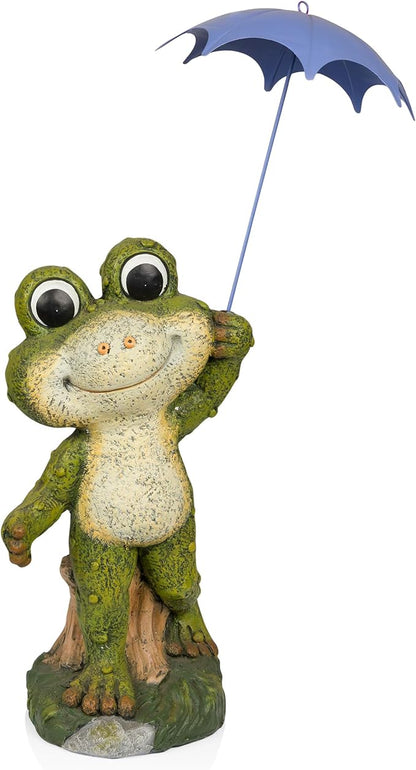 Alpine Corporation QWR1002 Indoor/Outdoor Smiling Frog with Purple Umbrella Garden Statue, Playful Frog Statue, 27" H, Green