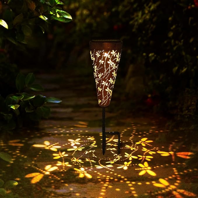 2 Pack DIBIEECN Dragonfly Solar Pathway Lights Outdoor,Metal Garden Decorations Outdoor Lights with Patterns and Warm Light,Waterproof Landscape Lighting for Path Patio Backyard Walkway Yard