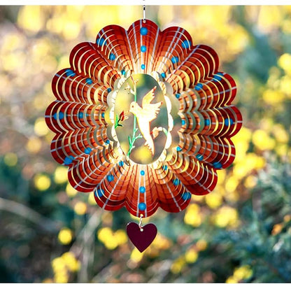 SteadyDoggie Wind Spinner - 12-Inch 3D Stainless Steel Lovebird Design with Heart Pendant - Laser Cut Metal Art Geometric Pattern - Hanging Kinetic Yard Garden Decor