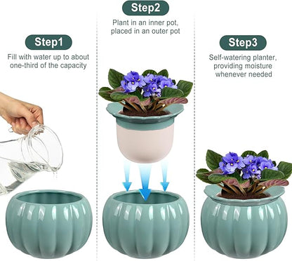 Self-Watering Ceramic Planter for Indoor Plants – 6 Inch Pot for Succulents, Herbs & Small Houseplants, Decorative Self-Watering Pot for Home & Office, Blue