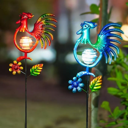 Rooster Solar Garden Lights, 2 Pack Metal Solar Stake Light, 27" H Outdoor Chicken Statues Figurine Lights for Spring Garden Lawn Patio Yard Decoration